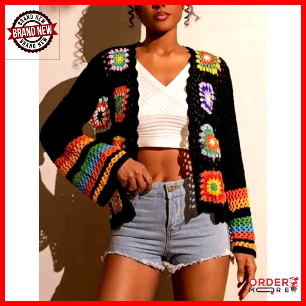 Vintage Crochet Granny Square Cardigan Long Sleeve Open Front Boho Sweater - Picture 2 of 3